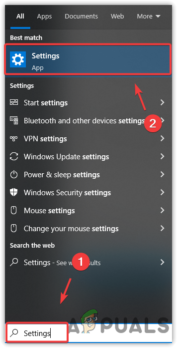 Launching Settings from Windows search