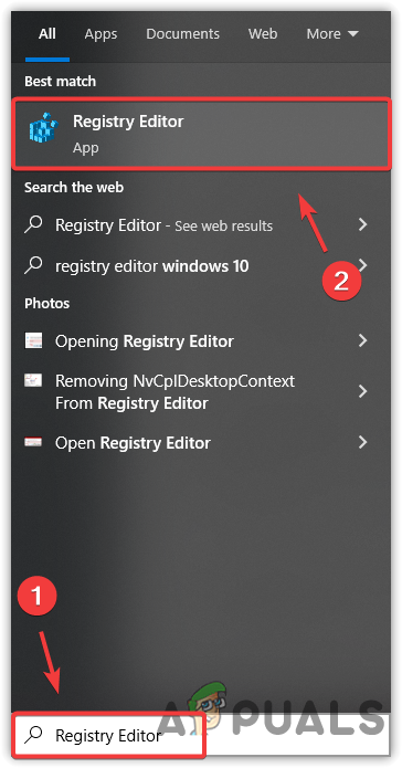 Opening Registry Editor from Windows search