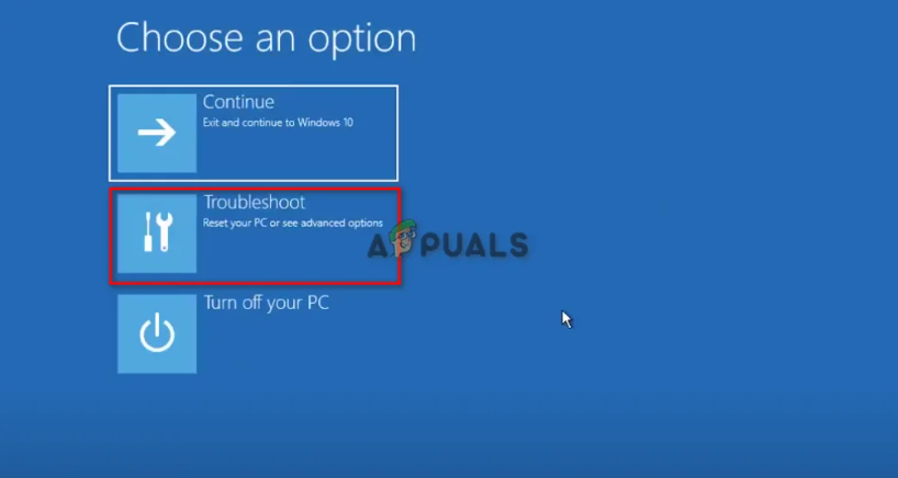 Opening the Troubleshoot Page from the boot menu