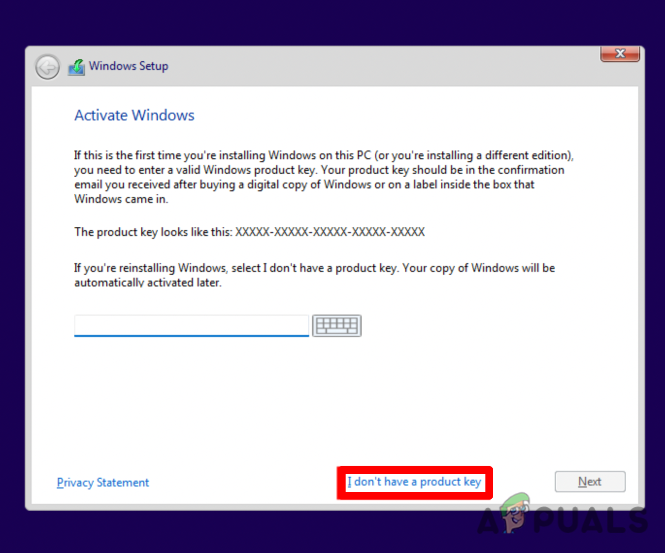 A product key is not necessary, if you don't have one tap on "I don't have a product key"