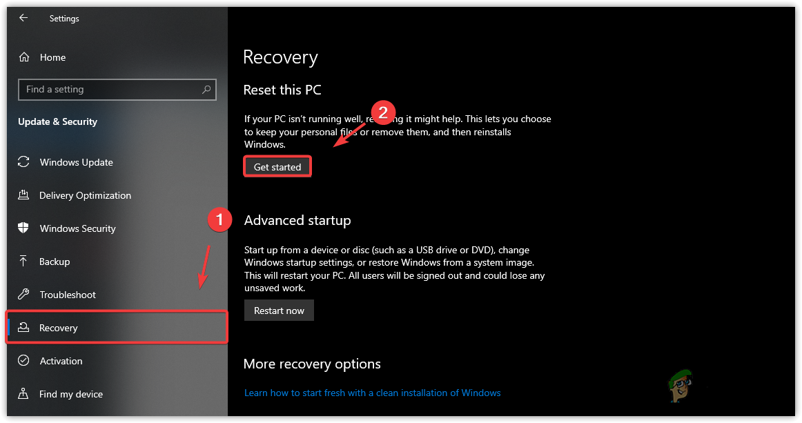 Starting Windows resetting process