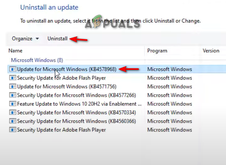Uninstalling the latest installed Windows Update