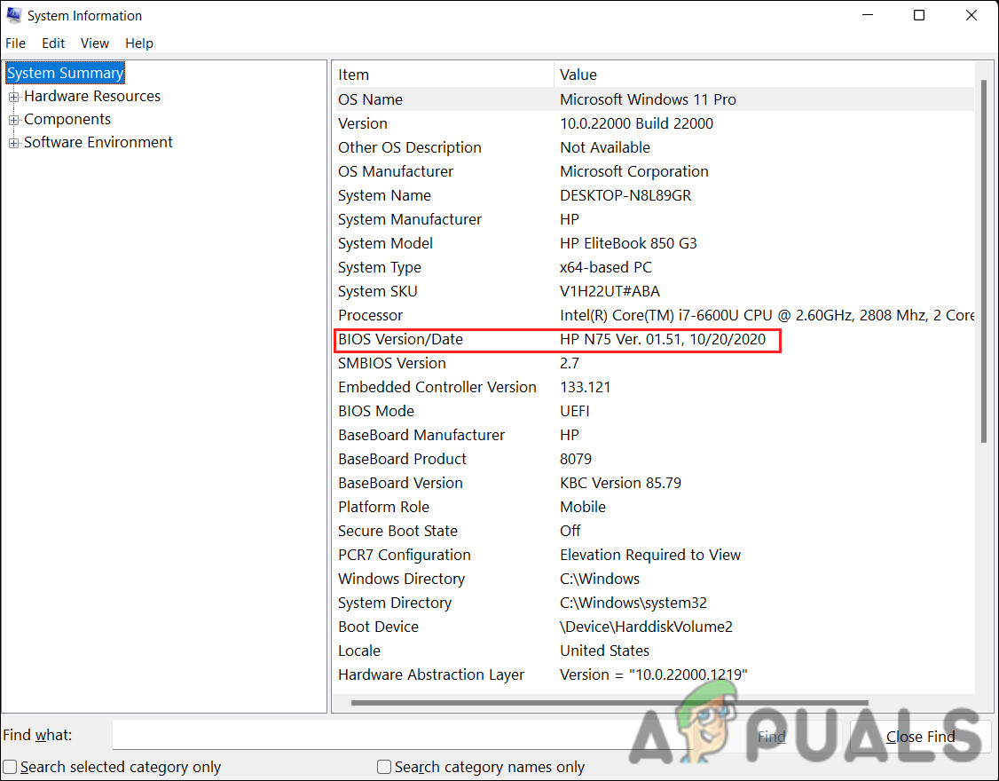 Check the BIOS version in the dialog