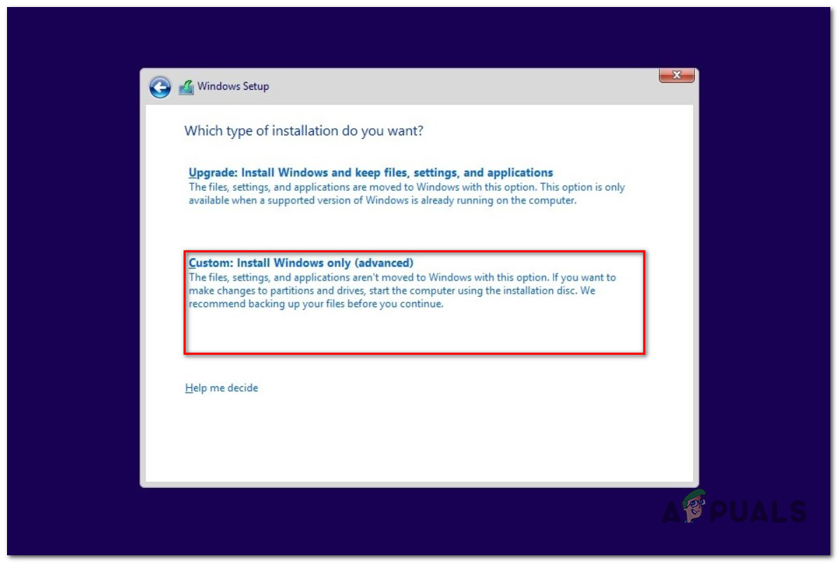 Select Custom Install from the menu