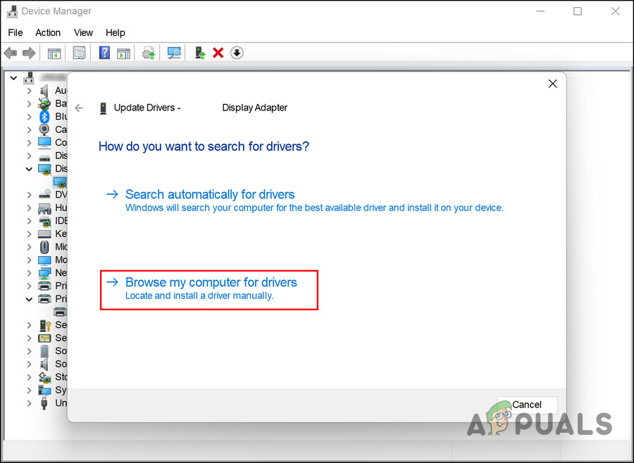 Click on the Browse my computer for drivers option