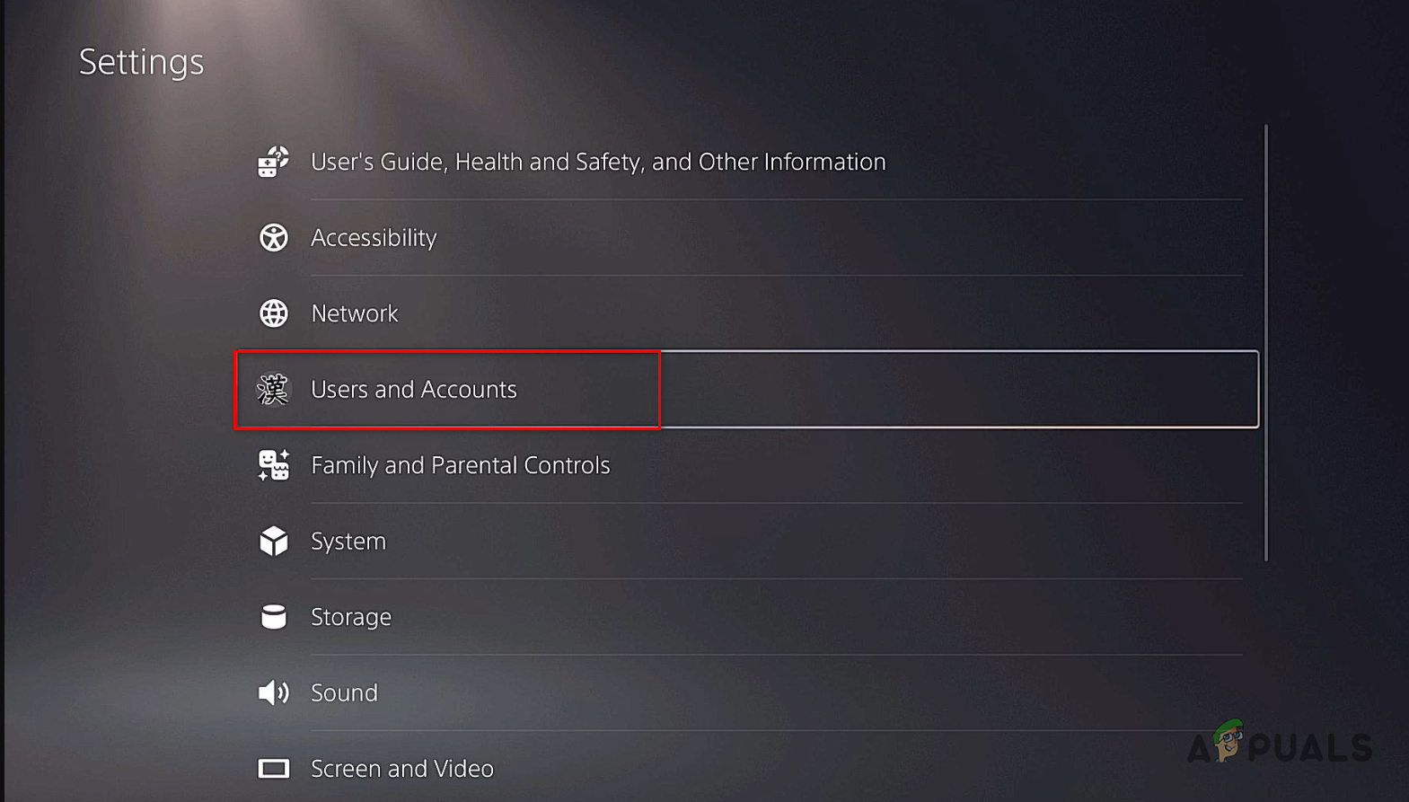 Navigating to Users and Accounts on PlayStation 5