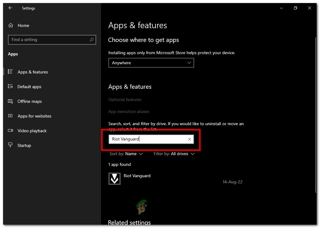 type "Riot Vanguard" into the "Search this list" box