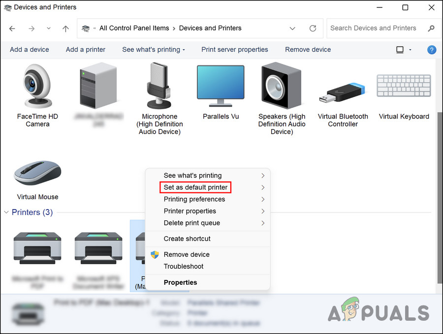 Click on the Set as default printer button