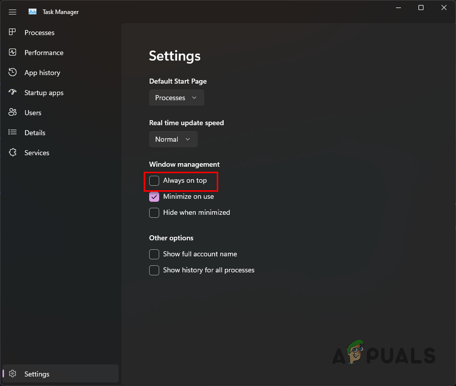 Disabling Always on Top Feature