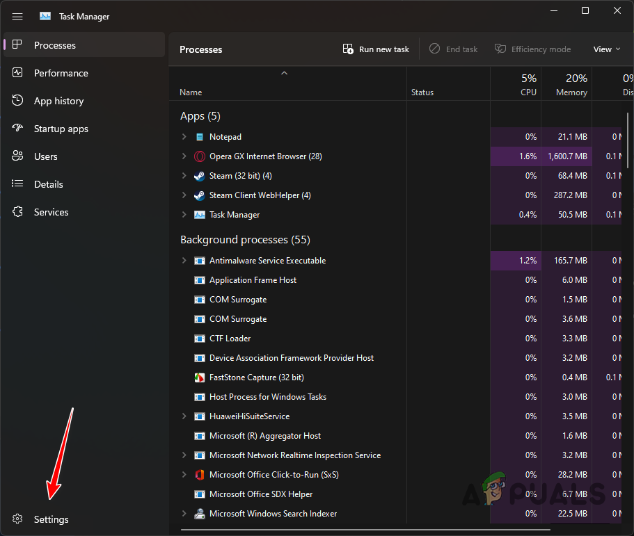 Navigating to Task Manager Settings