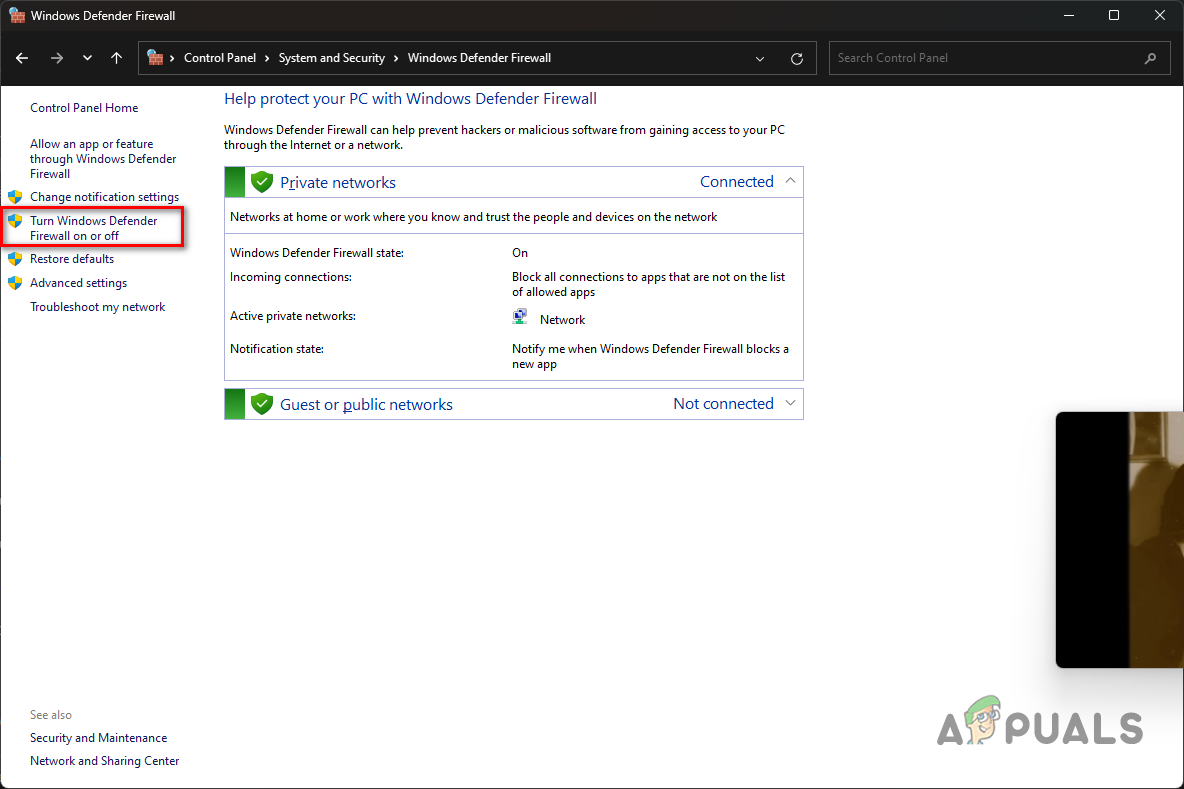 Navigating to Turn off Windows Firewall