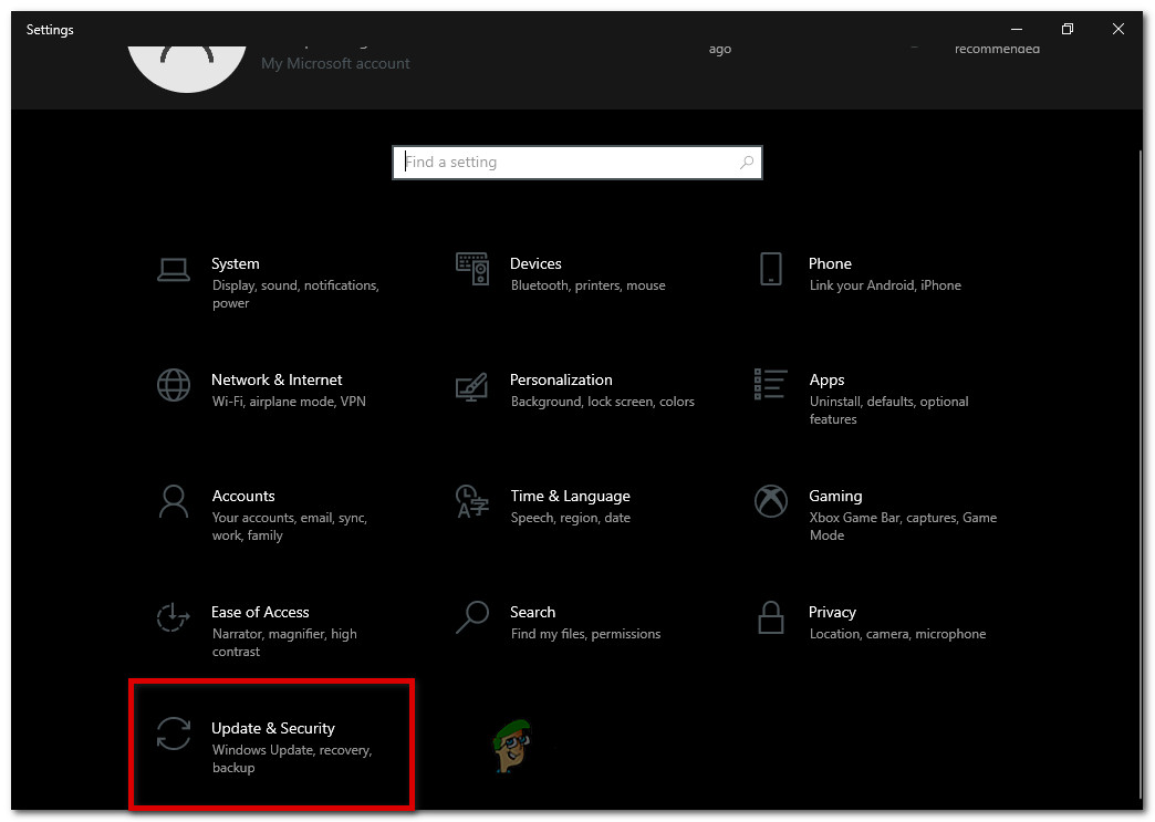 Navigate to 'Update and Security