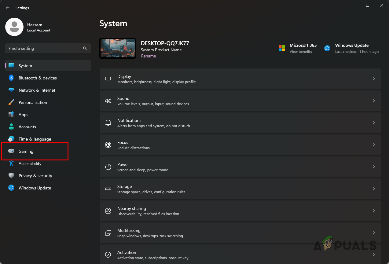 Navigating to Gaming tab