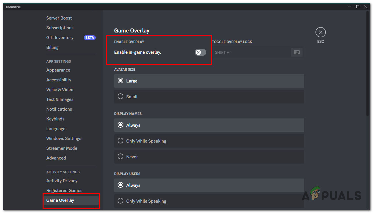 disabling the in-game overlay of the discord