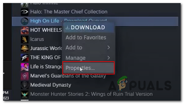 Opening the properties window of high on life steam client
