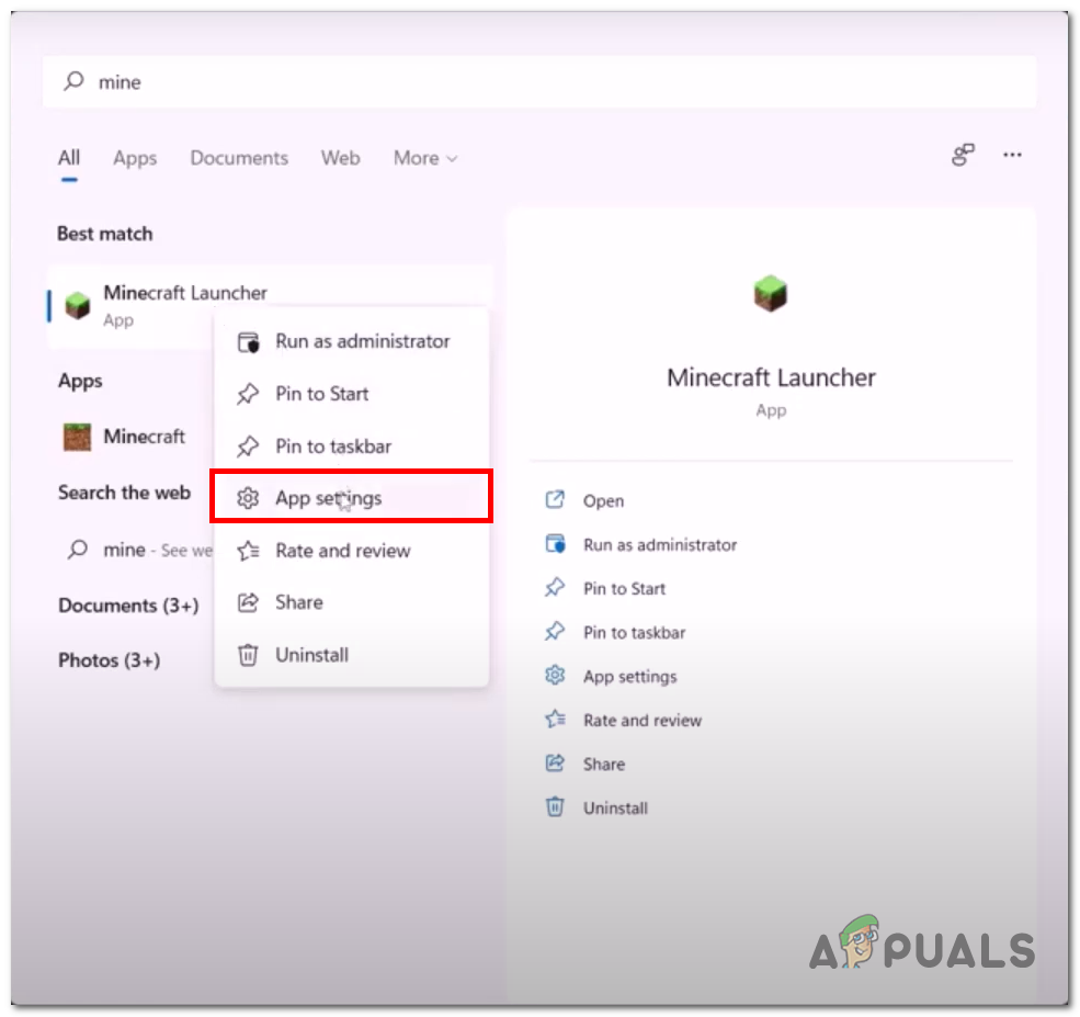Opening the app settings of minecraft launcher via the start menu
