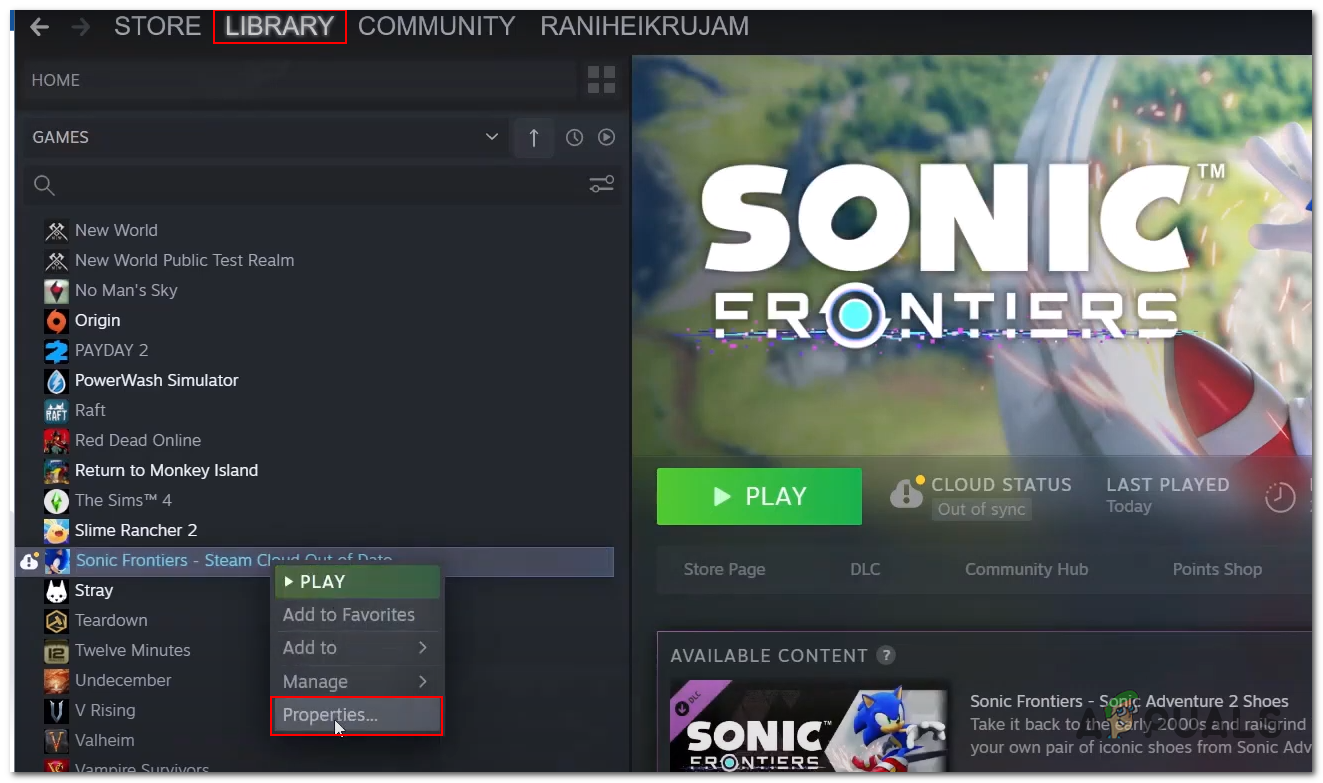 Opening the properties windows of Sonic frontiers