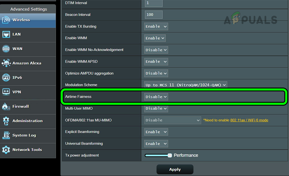 Disable Airtime Fairness in the Router Settings