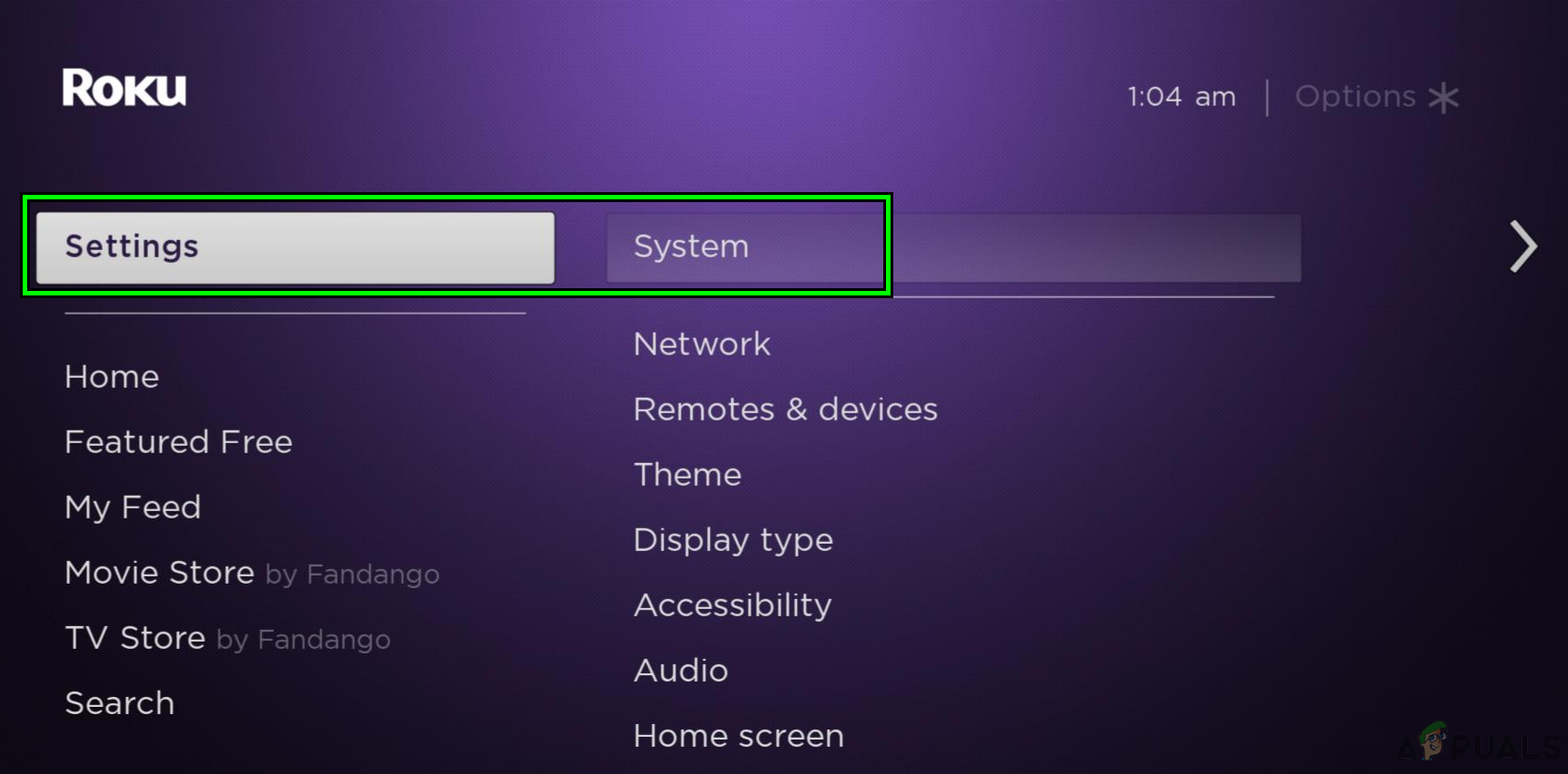 Open System in the Roku Device Settings