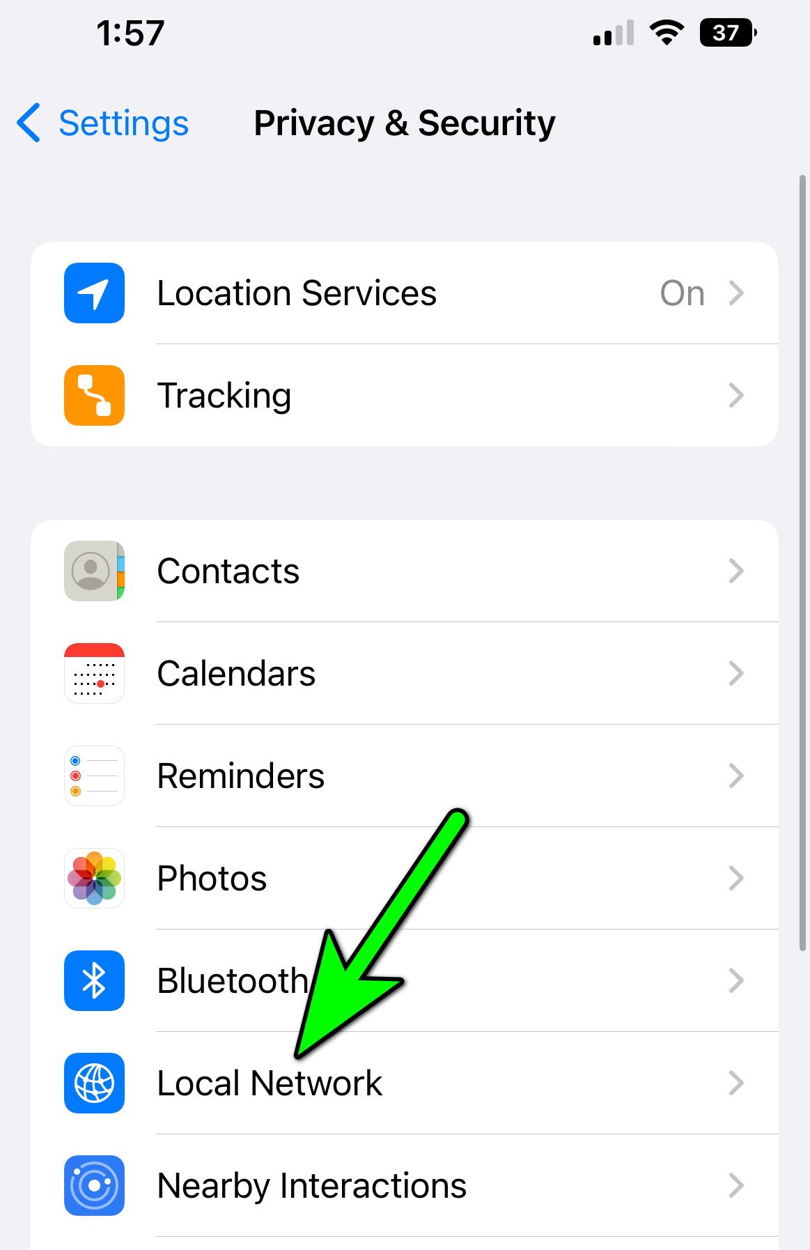 Open Local Network Access in the iPhone Privacy Settings