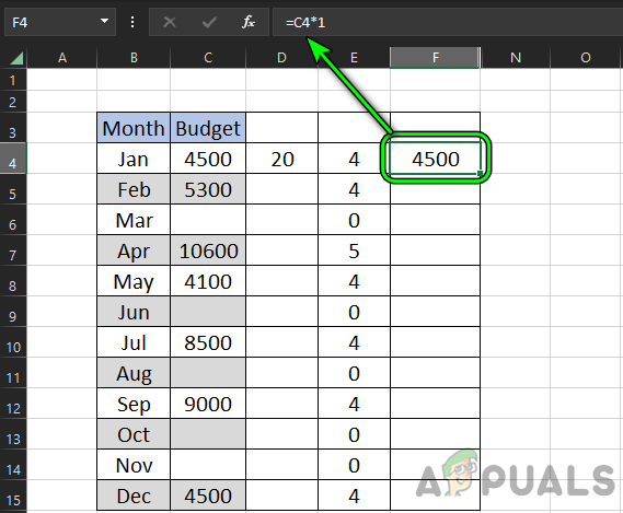 Set a Multiply by 1 Formula in F4 Cell