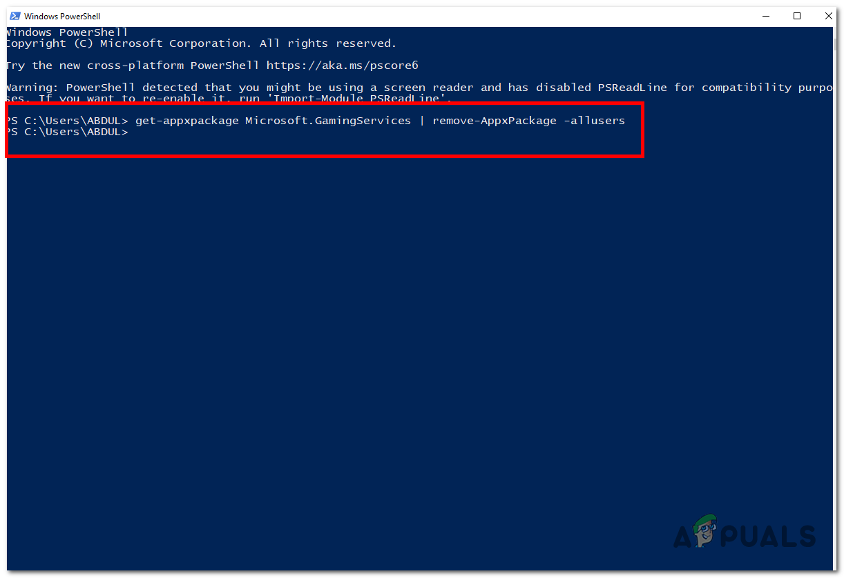 Uninstalling the existing Xbox gaming services