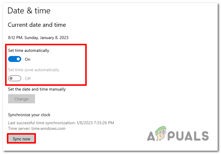 Reconfiguring the date and time via the windows settings