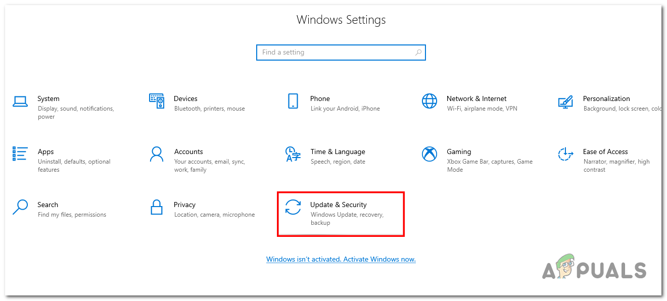 Opening the Update and Security via the windows setttings applicatiion