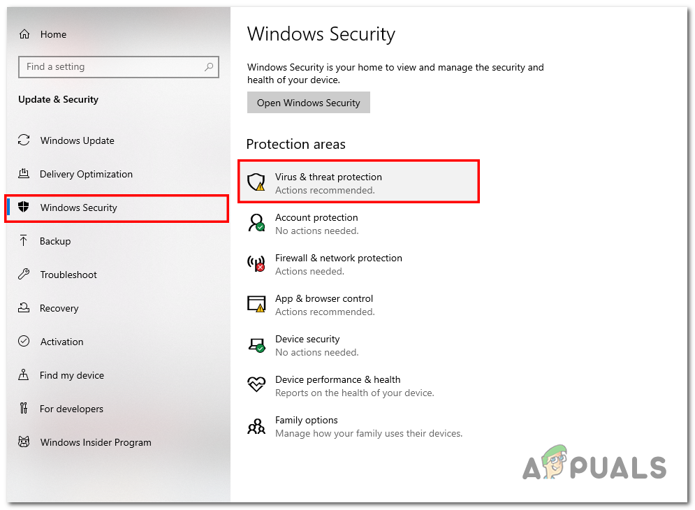 Opening Windows security via the settings