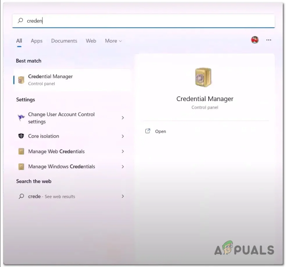Opening the Credential manager via the start menu