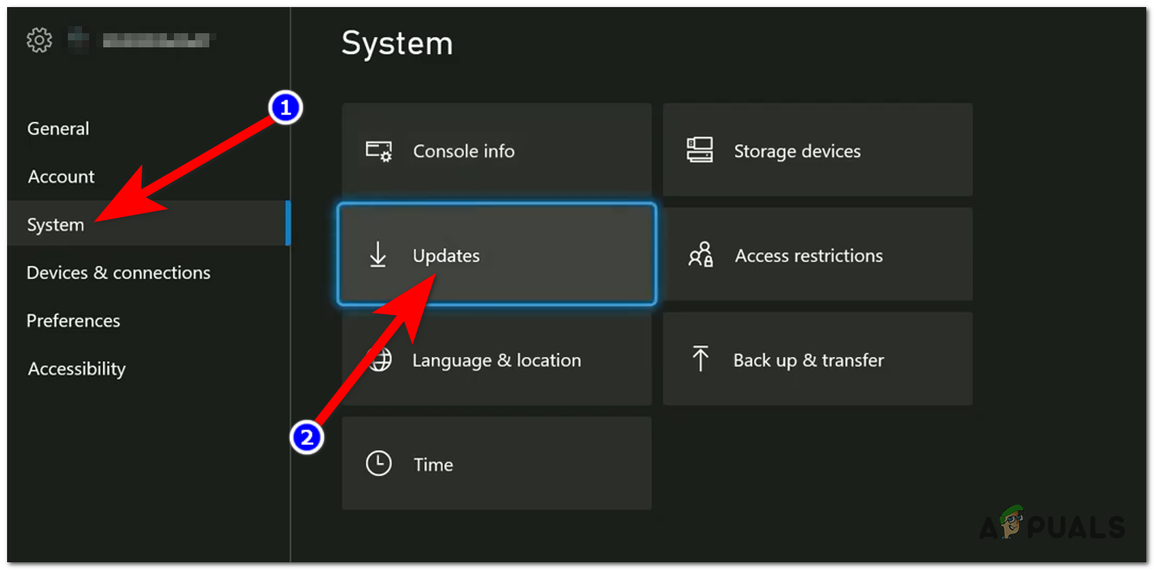 Accessing the Updates menu