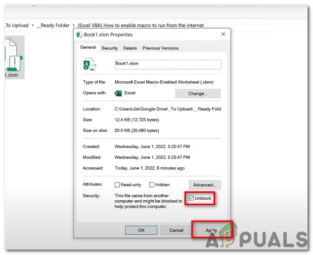 Unblock box in Security is checked under the General tab