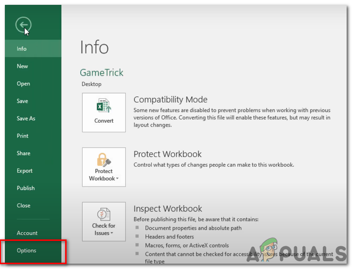 press the 'Options' button