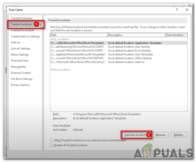 Inside Trusted Locations, click 'Add new location'