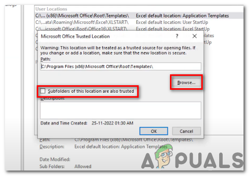 the option "Sub-folders of this location are also trusted" is checked