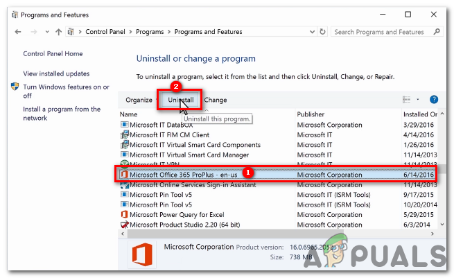 Click on Microsoft Excel and then click the "Uninstall" button