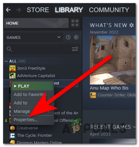 Opening the Properties of the V Rising game