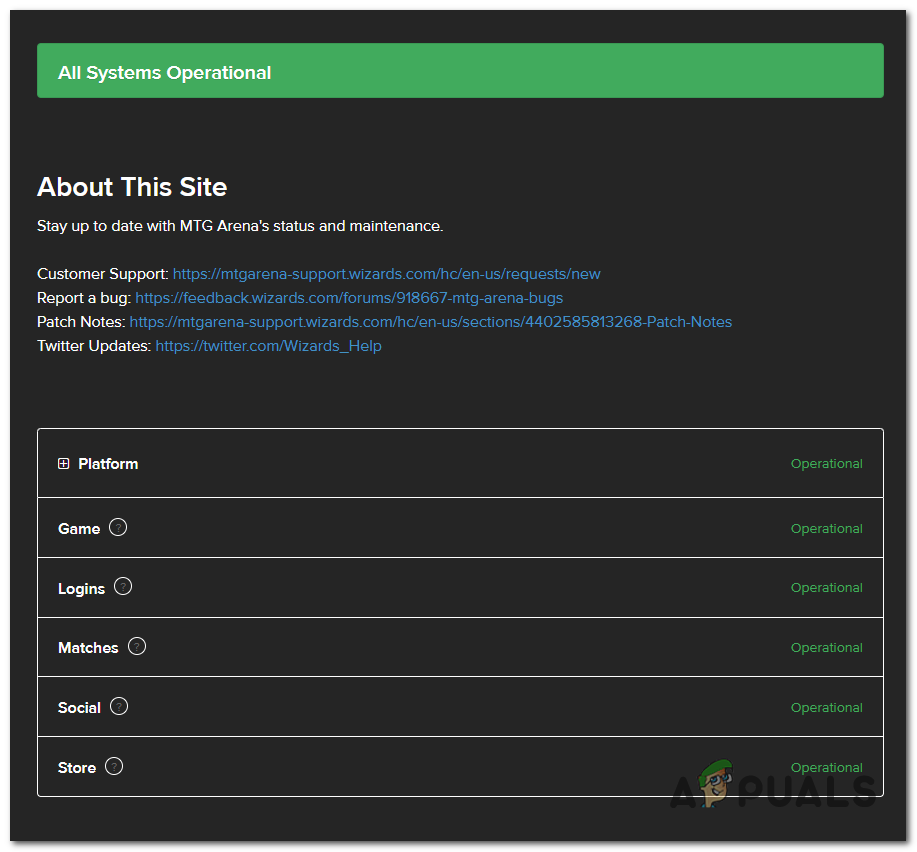 Checking the server status on the official MTG site