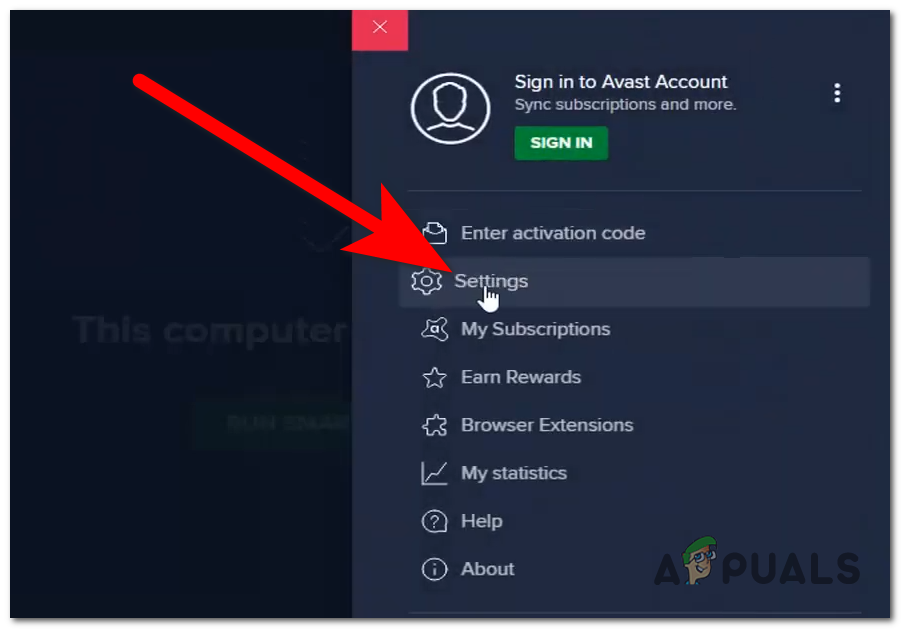 Opening the Settings of Avast