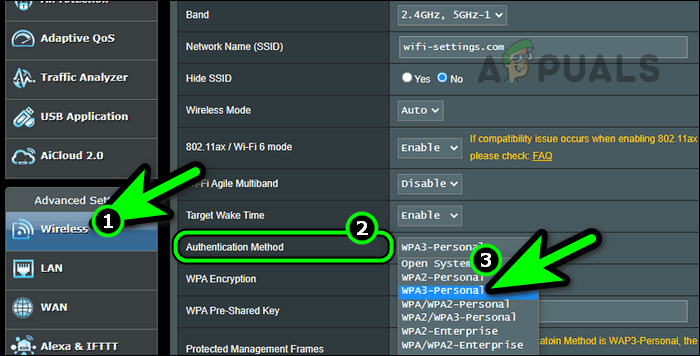 Select the Authentication Method Other Than WPA3 on an Asus Router