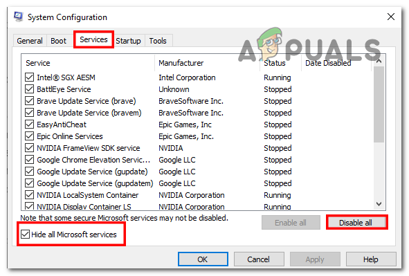 Hiding all Microsoft services and disabling background services to perform a clean boot