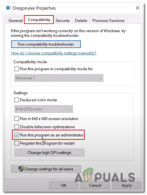 Running the game as an administrator via the compatibility mode