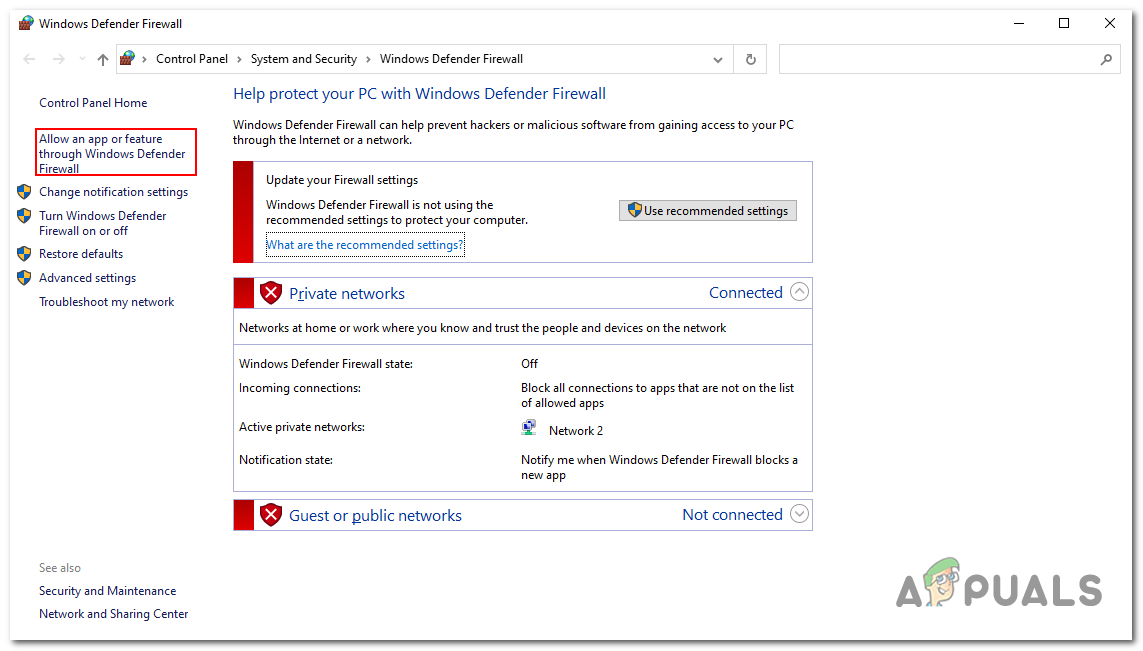 Clicking on the "Allow an app or feature through windows firewawll "