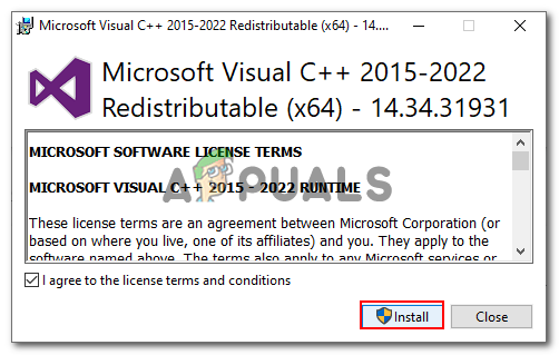 Clicking on the install button inside of the visual c++ redistributables installer