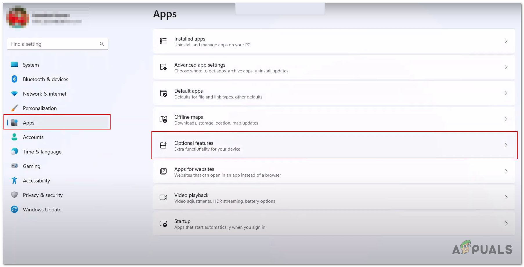 Opening "Optional featutes" inside of the windows settings