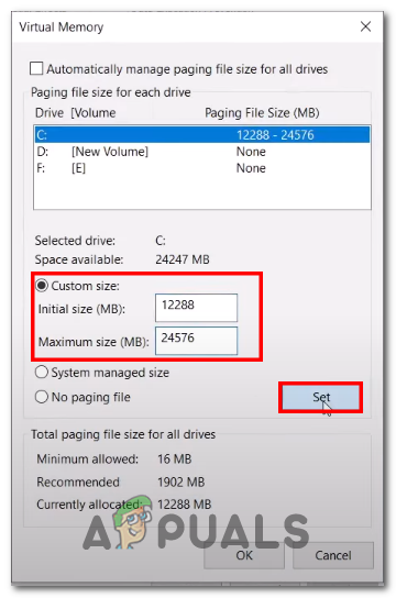 Manually allocation virtual memory in the windows advanced settings