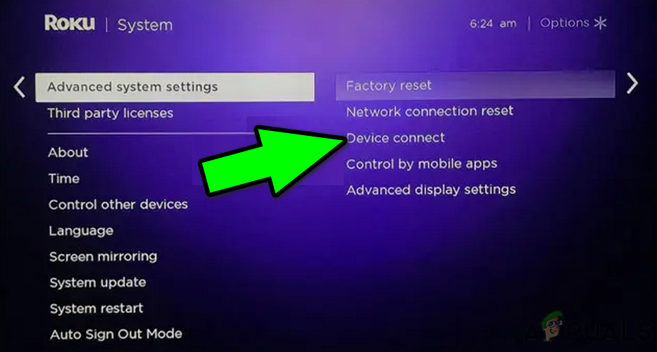 Open Device Connect in the Roku's Advanced System Settings