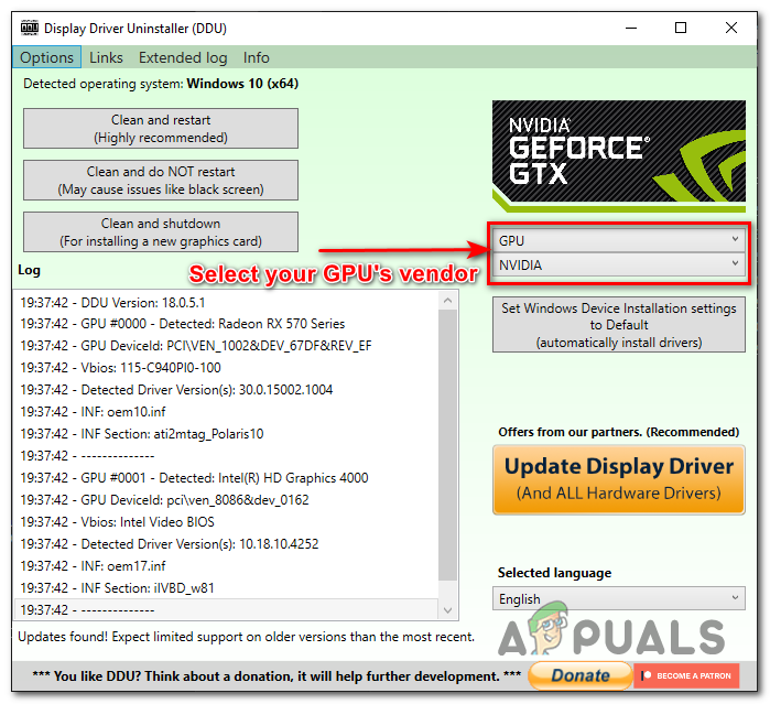 Selecting the device type and vendor manually in the DDU