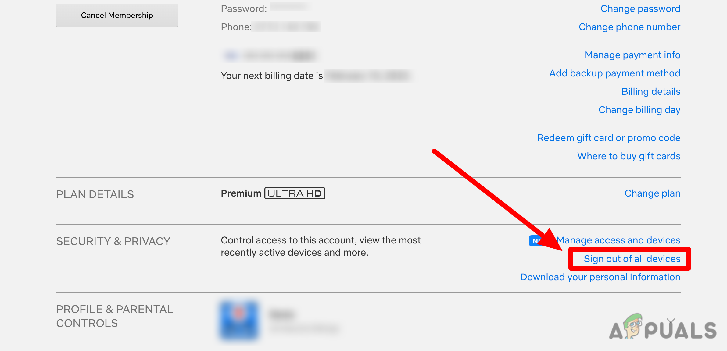 Clicking on the 'Sign out of all devices' hyperlink