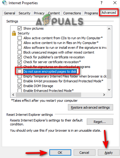 Disabling the Do not save encrypted pages to disk option